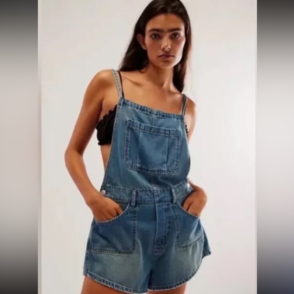 Free People Blue Denim Short Overalls Romper
